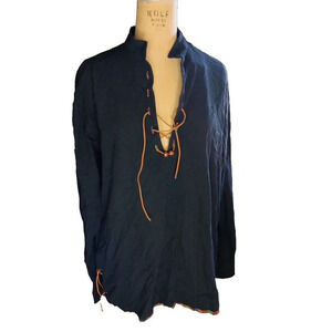 LucMatton BOHO HIPPIE PEASANT LEATHER TIE LONG SLEEVE TOP RAINBOW TRIM NWT LARGE